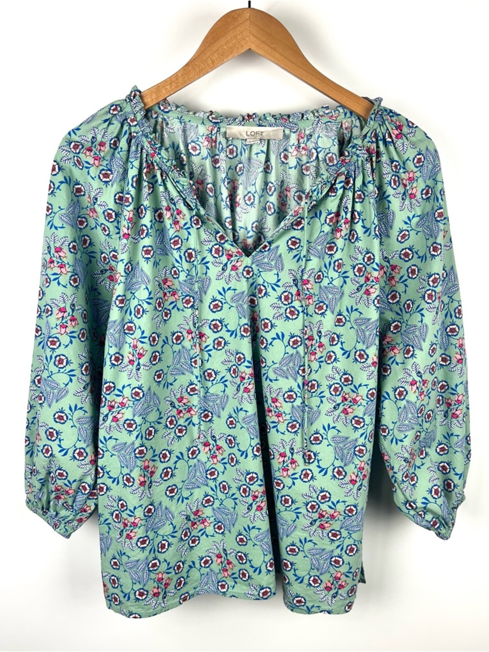 LOFT Floral Peasant Ruffle Neck Long Sleeve Popover Blouse Green 2022 Size S